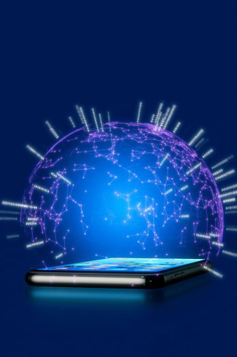 Digitally generated image of Smart Mobile Phone with sphere connection data lines